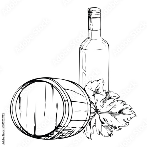 Wine still life composition with bottle, wooden barrel and grape leaf sketch in fine ink lines. Isolated vector illustration hand drawn for branding assets, tasting event cards, degustation posters.
