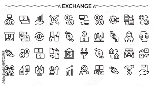 Financial Icons Set for Business, Banking, Currency Exchange and Investment Concepts