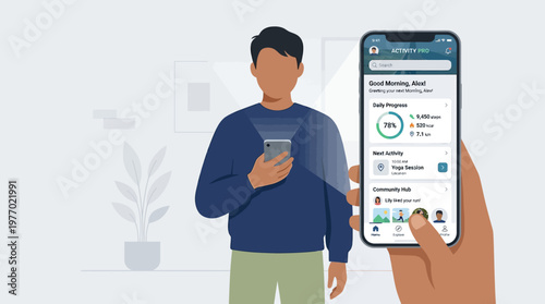 Man checks his daily fitness progress on a mobile app display