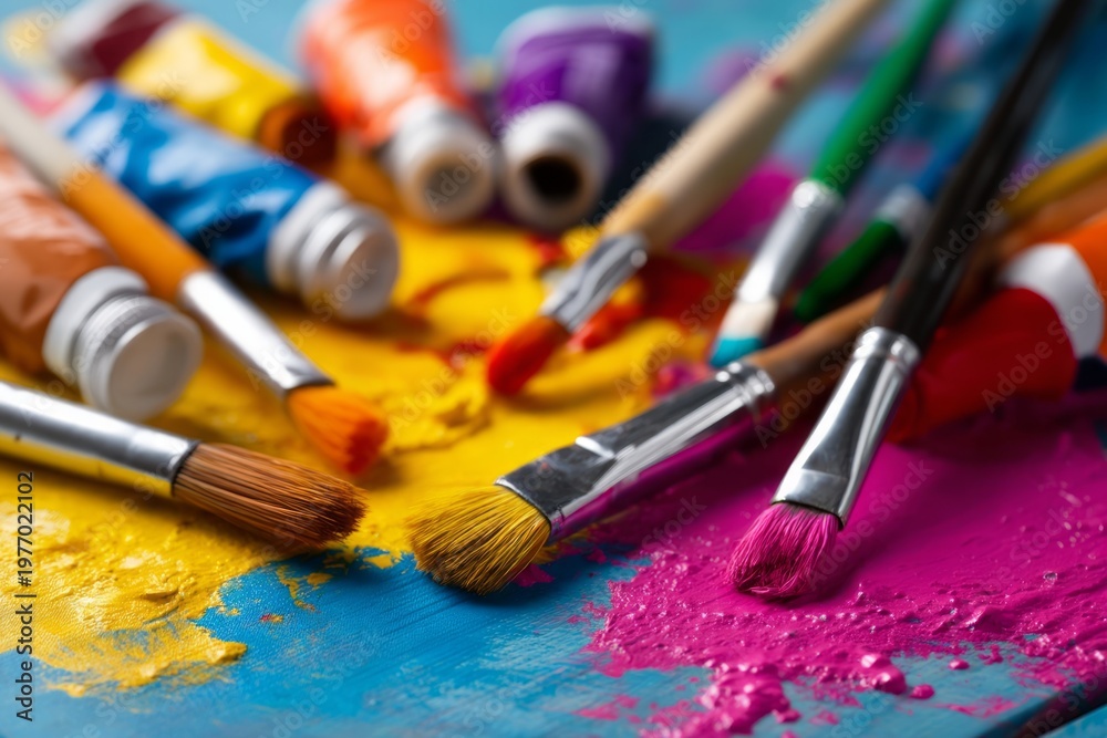 Fototapeta premium Colorful Artist Workspace with Paint Tubes and Brushes on Vibrant Yellow and Blue Surface