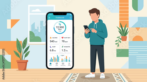 Man tracks fitness progress on smartphone app dashboard daily