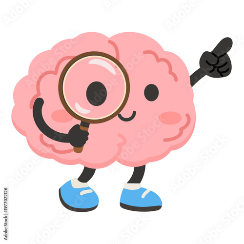 Brain character holding magnifying glass for analysis