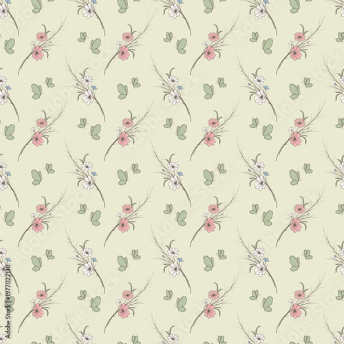 Vintage Wildflower Seamless Pattern with Soft Pastel Floral Elements on Neutral Background