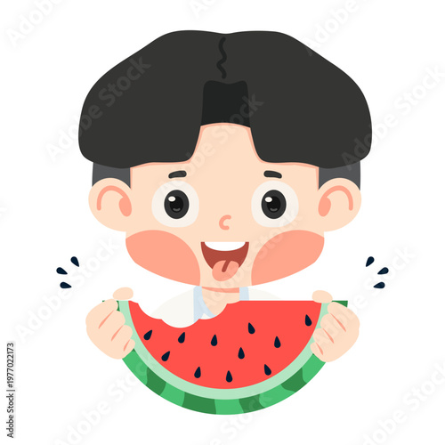 Boy eating watermelon slice in summer