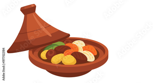 Traditional clay tagine pot from Morocco is shown open and filled with a delicious assortment of cooked meat and vegetables for ethnic dining.