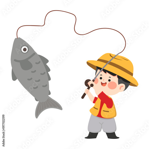 Boy fishing and catching a fish in nature