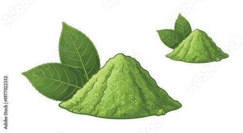 Vibrant green matcha powder is arranged in mounds with fresh green tea leaves to highlight this popular and healthy Japanese superfood ingredient.