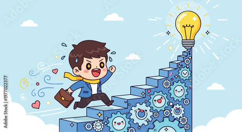 Determined businessman climbs stairs of gears towards a bright idea lightbulb symbolizing success and innovation