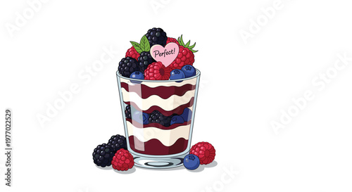 Layered berry parfait in a tall glass is topped with fresh raspberries, blueberries, and blackberries in this delicious healthy snack drawing.