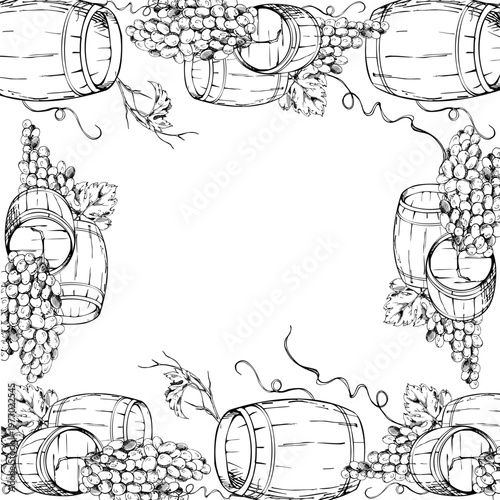 Wooden barrels for wine storage, cellar casks with harvested grape bunches, curling vine creepers, leaves. Ornamental square frame isolated ink vector illustration hand drawn for cards, menu borders