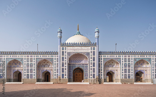 Scenic front view of blue and white facade of landmark Shahi Eid Gah mosque, Multan, Punjab, Pakistan