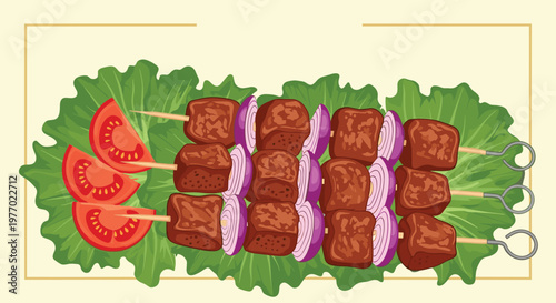 Savory grilled meat skewers with onion and tomato are presented on a bed of fresh green lettuce in this delicious barbecue food illustration.