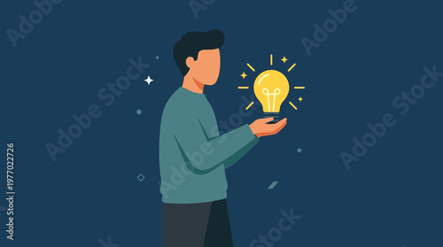 Man holding a glowing lightbulb representing a brilliant creative idea