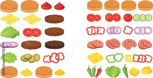 Burger Ingredients Collection with Various Toppings Including Buns, Patties, Cheese, Vegetables, Sauces, and Meat Slices for Fast Food Preparation Vector Illustration