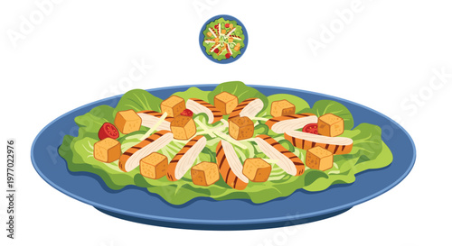 Healthy chicken caesar salad on a blue plate includes grilled meat, crunchy croutons, and lettuce leaves in a detailed meal illustration.
