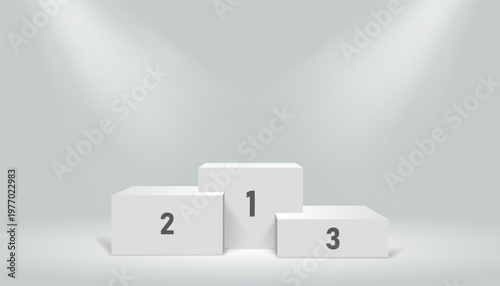 Three tier winner podium with numbered blocks illuminated by overhead spotlights on a neutral background, symbolizing ranking, achievement, and competition results