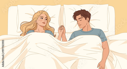 Happy young couple is shown sleeping peacefully together in a large bed while holding hands under a soft white blanket in a romantic style.