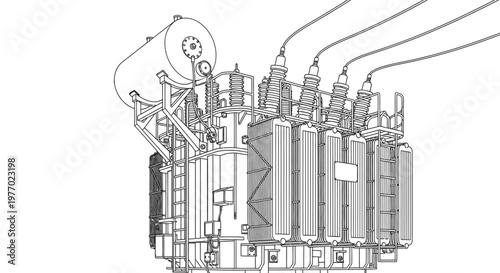 Technical blueprint drawing of a large industrial electrical power transformer, high voltage energy distribution equipment.