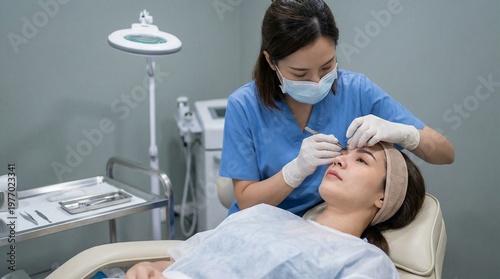 Specialist Performing Eyebrow Pluck in a Clinical Dermatology Setting, Sterile Environment, Gloves, Medical Tools, Professional Care Atmosphere
