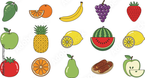 Fresh Fruit Vector Set Featuring Mango Orange Banana Grapes Strawberry Apple Pineapple Lemon Watermelon Pear and Date for Healthy Organic Food Illustration Design.