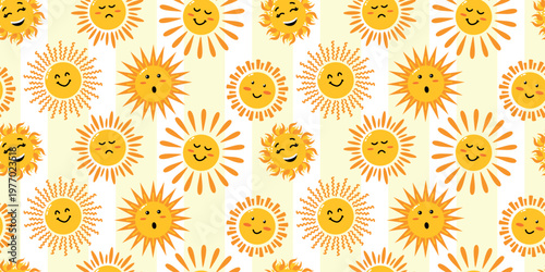 Cute sun seamless pattern with vertical stripes and expressions. Playful summer background