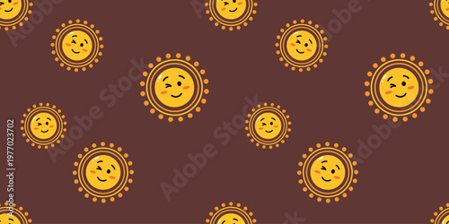 Cute sun faces seamless pattern on brown background. Cartoon summer repeat design