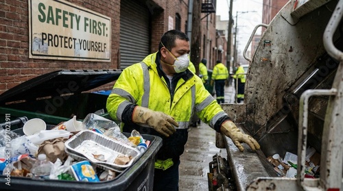 Sanitation Worker Handling Materials With Gloves and Mask Highlighting Health Safety Awareness and Realistic Working Conditions Environment