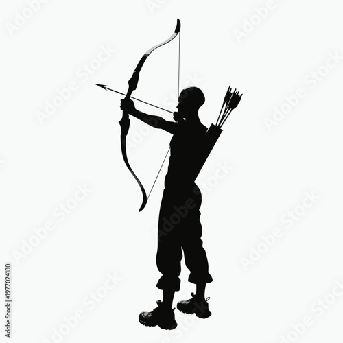 Black silhouette of an archer with bow and arrow, male hunter aiming longbow vector, traditional archery athlete profile on white background