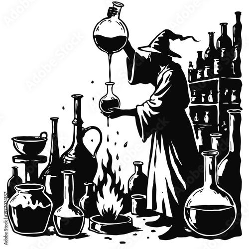 Vintage alchemist wizard in laboratory, mystical sorcerer brewing magic potions, retro woodcut style alchemy scene with glass flasks and fire