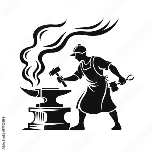 Blacksmith silhouette vector illustration, metal worker forging steel on anvil with hammer, industrial craftsman mascot for workshop logo