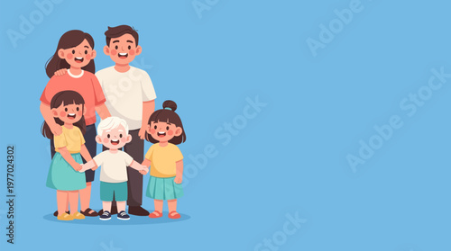 Diverse family with albinism child, standing happily and holding hands, promoting Albinism Awareness, inclusion and support in cute flat vector illustration with pastel blue background and copy space