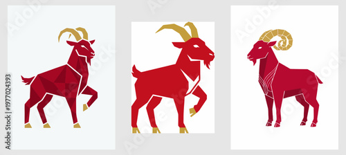 Stylized red goat figures with golden horns showcase elegant geometric designs suitable for modern branding and emblems.