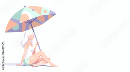 Albino Woman Enjoying Shade under Colorful Beach Umbrella, Highlighting Sun Protection & Summer Health, Modern Flat Vector Art with Pastel Palette, Isolated on White Background for Copy Space.