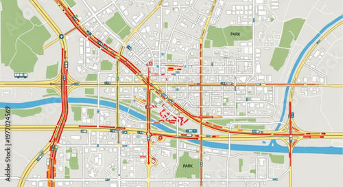 Detailed City Map Depicting Roads, Rivers, and Urban Layout.