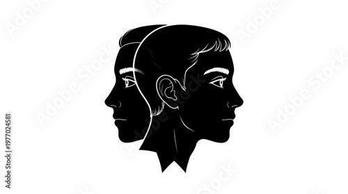 Albinism Human Profiles Silhouetted Back-to-Back Outlines Genetic Diversity Identity Health Minimalist Vector Monochrome Art Isolated White Background Digital