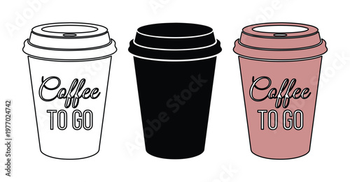 Minimalist coffee to go paper cups vector set, disposable takeaway coffee cup icons in white black and pink, caffeine beverage branding mockups