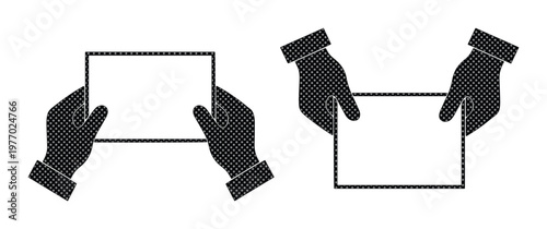 Minimalist black hand icons holding blank paper, flat vector silhouette of hands with empty card, business document presentation symbols