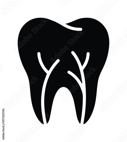 Minimalist tooth icon with nerve details, black molar silhouette vector, dental healthcare symbol for stomatology and oral hygiene branding