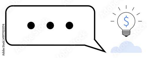 Communication strategies, innovation, creative thinking, financial ideas, cloud technology, virtual messaging. Speech bubble with ellipsis and lightbulb a dollar sign. Communication and innovation