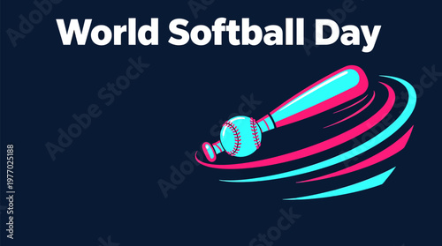 World Softball Day Illustration: Bat, Ball, and Dynamic Swirls in Cyan and Magenta