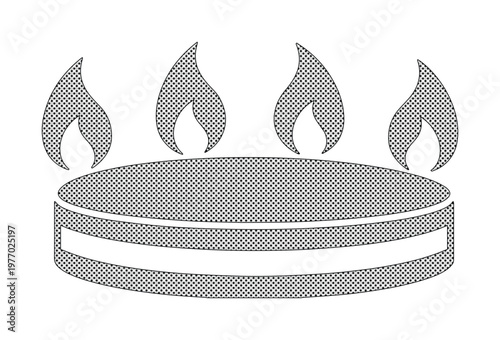 Gas stove burner icon with flames, kitchen appliance cooking symbol, gray halftone textured vector illustration for culinary design