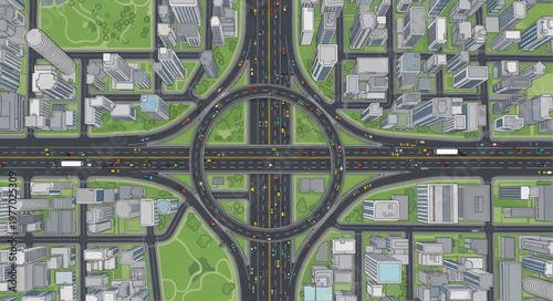 Aerial View of a Highway Interchange in a Cityscape.