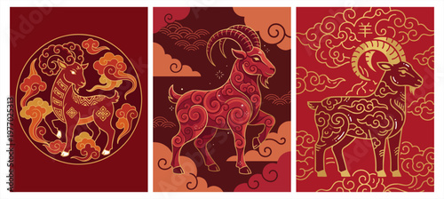 Set of three stunning illustrations depicting goats or rams in rich traditional Asian art style with zodiac themes