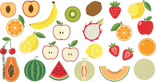 Colorful Assorted Fruit Vector Set Featuring Apple Banana Kiwi Strawberry Dragon Fruit Watermelon Papaya Citrus and Melon Elements for Fresh Healthy Food Illustration Design.