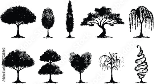Decorative tree silhouette set, ornamental garden topiary collection with botanical black nature elements for landscape and design projects