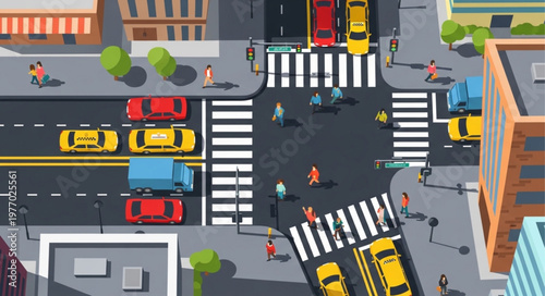 Aerial View of a Busy City Intersection with Pedestrians and Vehicles.