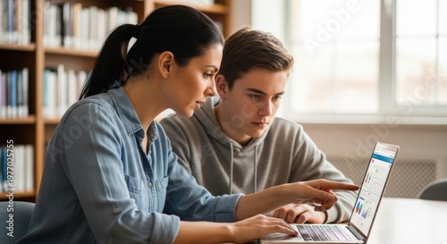A teacher instructs a teenage student on laptop usage in a library. They focus on a graph displayed on the screen, indicating a learning activity. Generative AI.