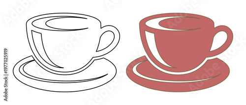Minimalist coffee cup vector icons, simple line art and solid terracotta mug with saucer, elegant cafe branding elements for menu design