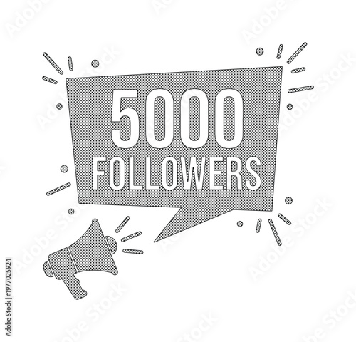 5000 followers celebration banner with megaphone, social media milestone announcement vector, grey speech bubble for 5k subscribers achievement