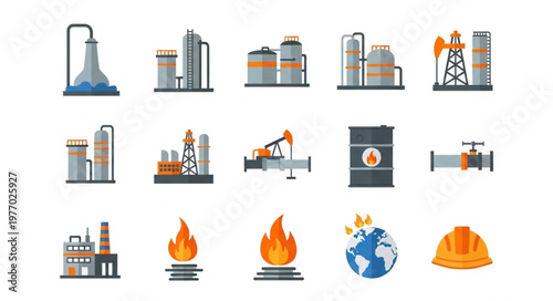 Oil and Gas Industry Icons - Refinery, Flame, Globe, and Safety Helmet.